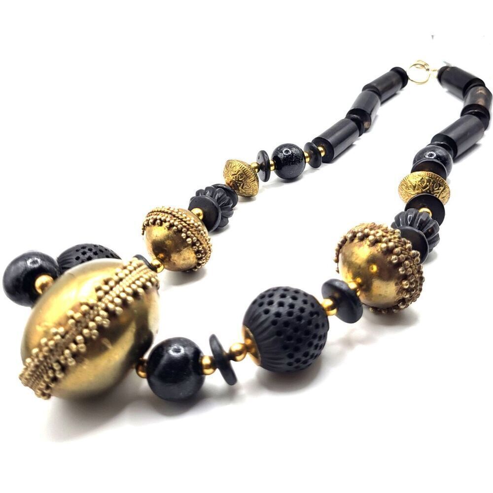 Vitnage Chunky Brass Carved Horn Wood Bohemian Ethnic Tribal Necklace 28in
